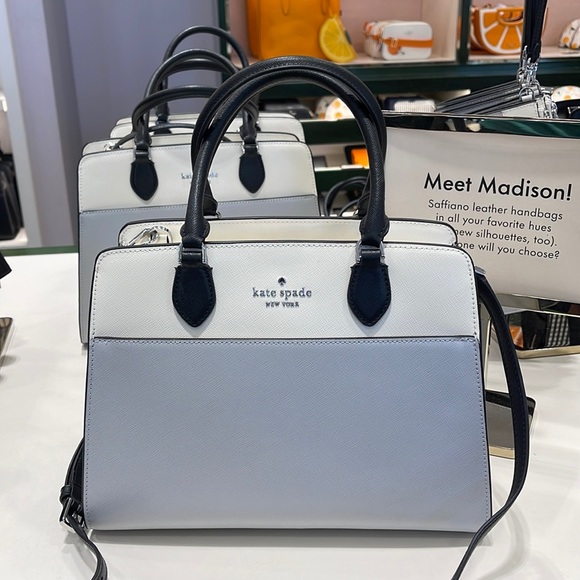 Kate Spade Madison Safiano Leather Medium Satchel Handbag Platinum Gray NWT